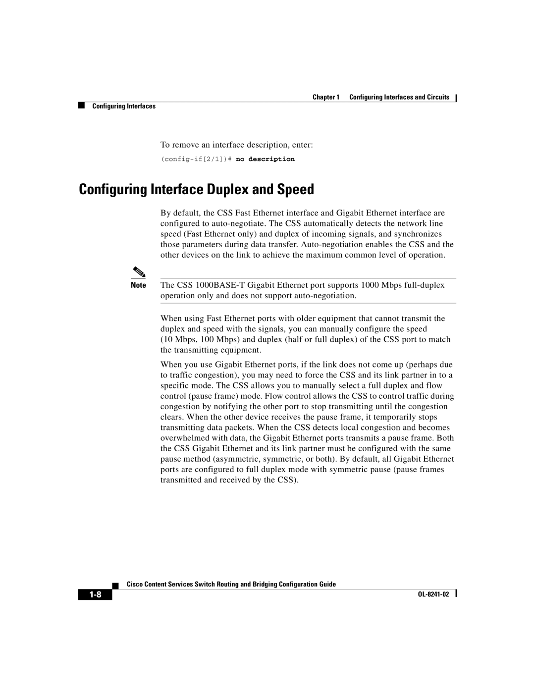 Cisco Systems OL-8241-02 manual Configuring Interface Duplex and Speed, To remove an interface description, enter 