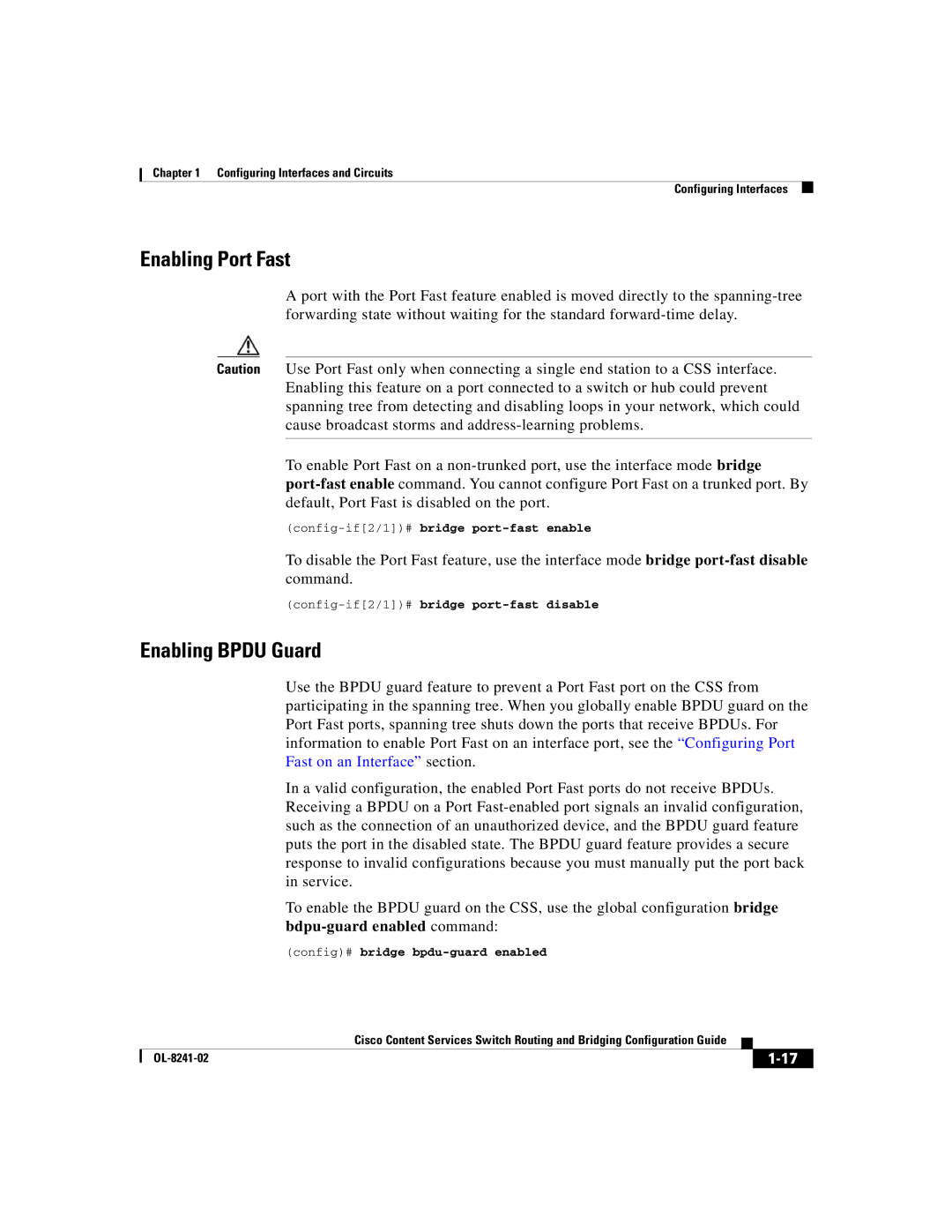 Cisco Systems OL-8241-02 manual Enabling Port Fast, Enabling Bpdu Guard, Config-if2/1#bridge port-fast enable 