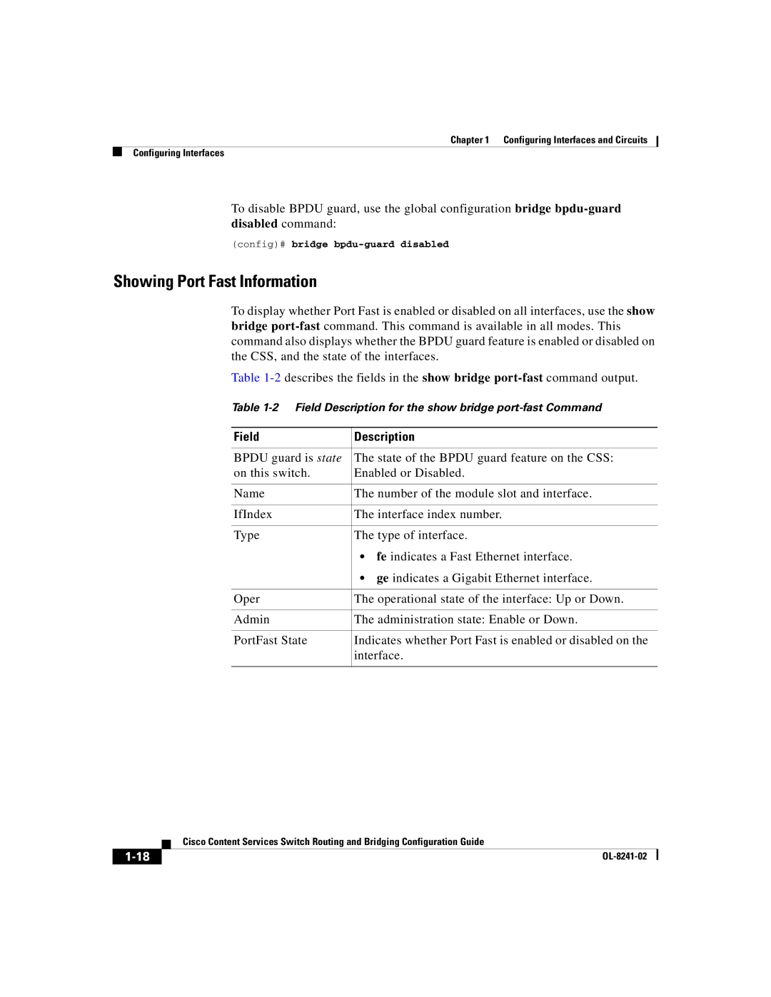 Cisco Systems OL-8241-02 manual Showing Port Fast Information, Config# bridge bpdu-guard disabled 