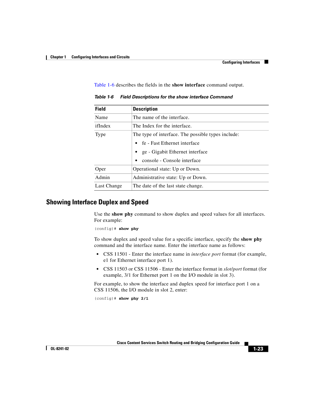 Cisco Systems OL-8241-02 Showing Interface Duplex and Speed, 6describes the fields in the show interface command output 