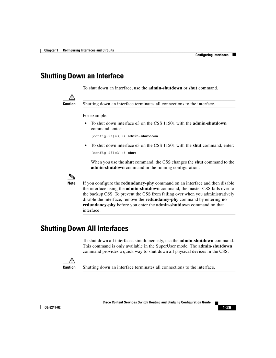 Cisco Systems OL-8241-02 manual Shutting Down an Interface, Shutting Down All Interfaces 