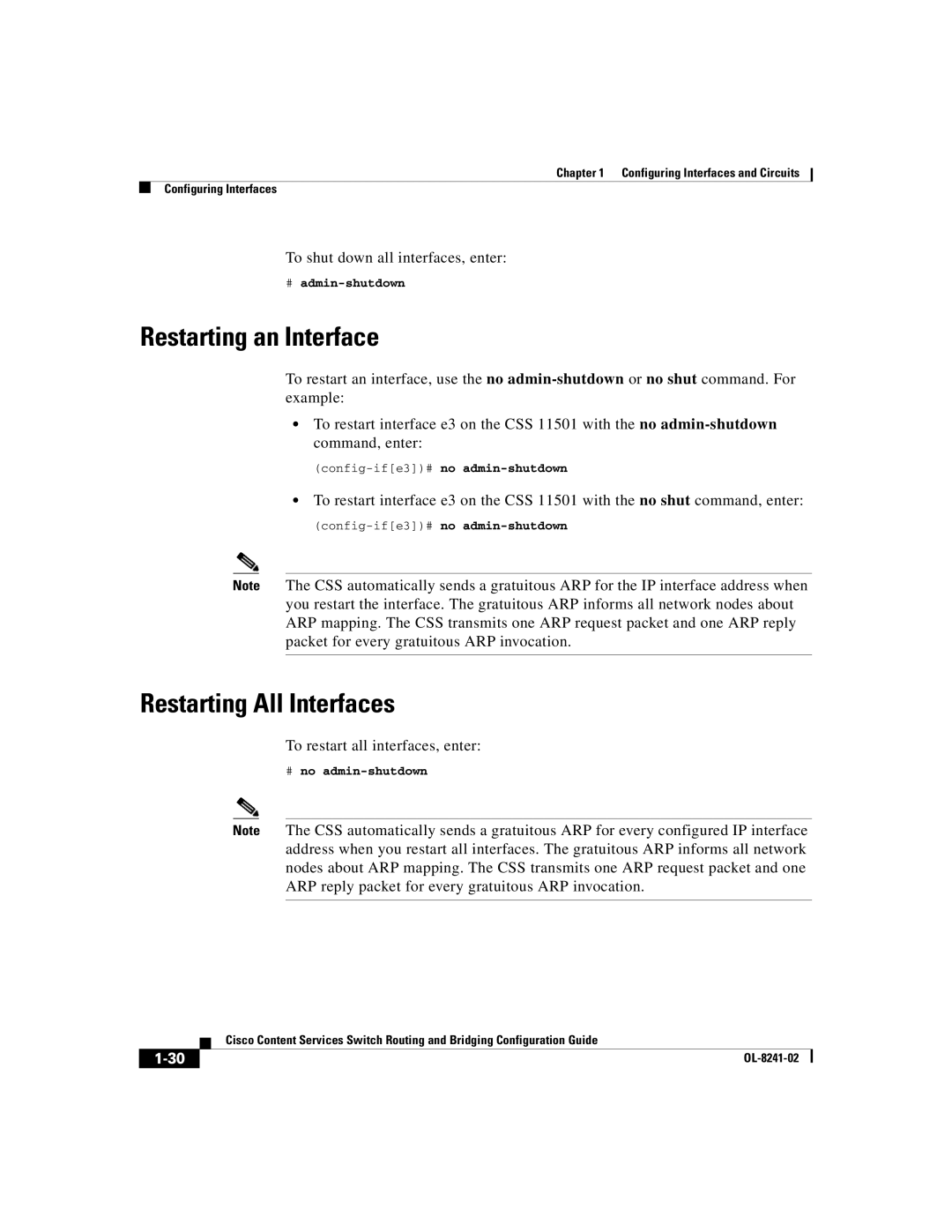 Cisco Systems OL-8241-02 manual Restarting an Interface, Restarting All Interfaces, To shut down all interfaces, enter 