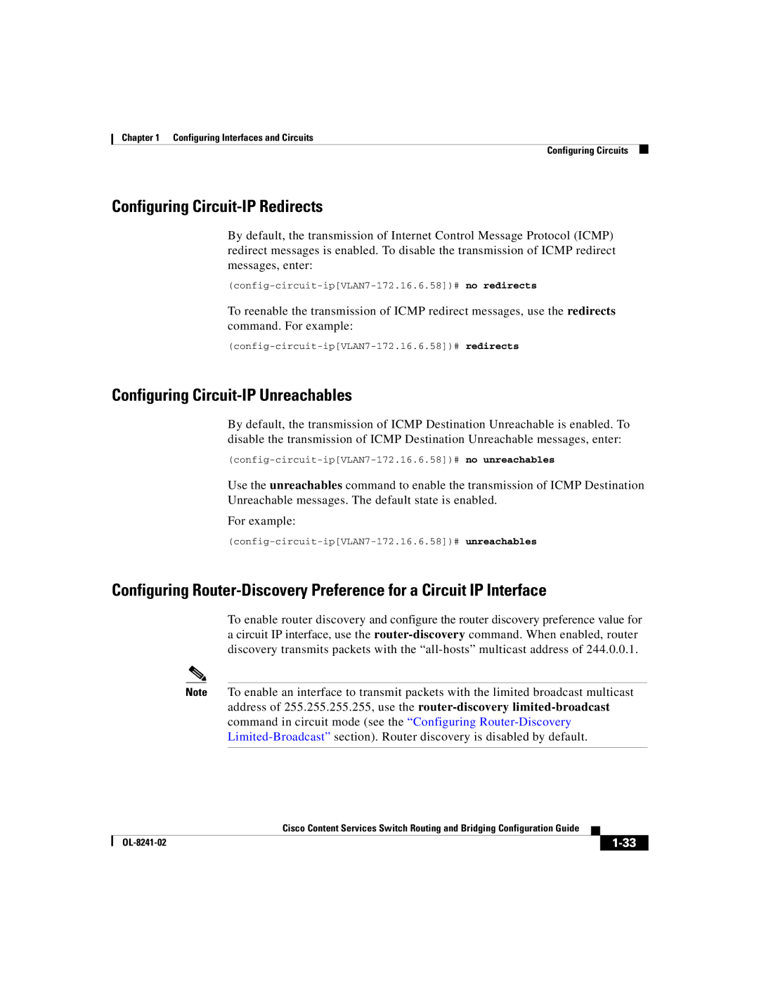 Cisco Systems OL-8241-02 manual Configuring Circuit-IP Redirects, Configuring Circuit-IP Unreachables 