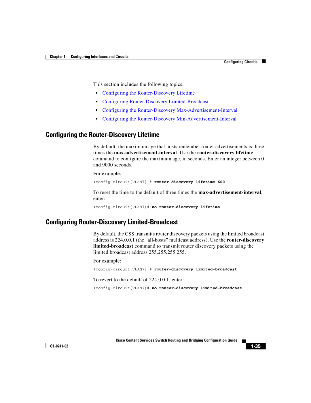 Cisco Systems OL-8241-02 manual Configuring the Router-Discovery Lifetime, Configuring Router-Discovery Limited-Broadcast 