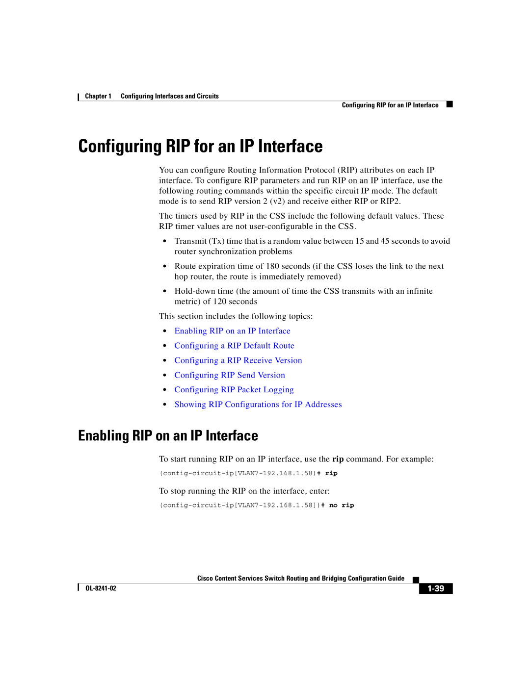 Cisco Systems OL-8241-02 manual Configuring RIP for an IP Interface, Enabling RIP on an IP Interface 