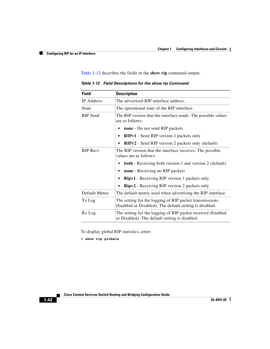 Cisco Systems OL-8241-02 manual 12describes the fields in the show rip command output, # show rip globals 