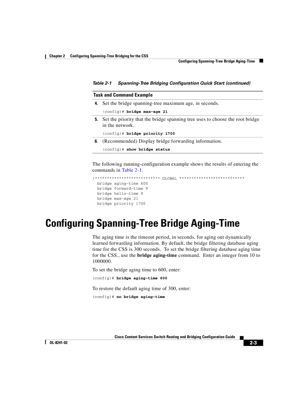 Cisco Systems OL-8241-02 Configuring Spanning-Tree Bridge Aging-Time, Set the bridge spanning-tree maximum age, in seconds 