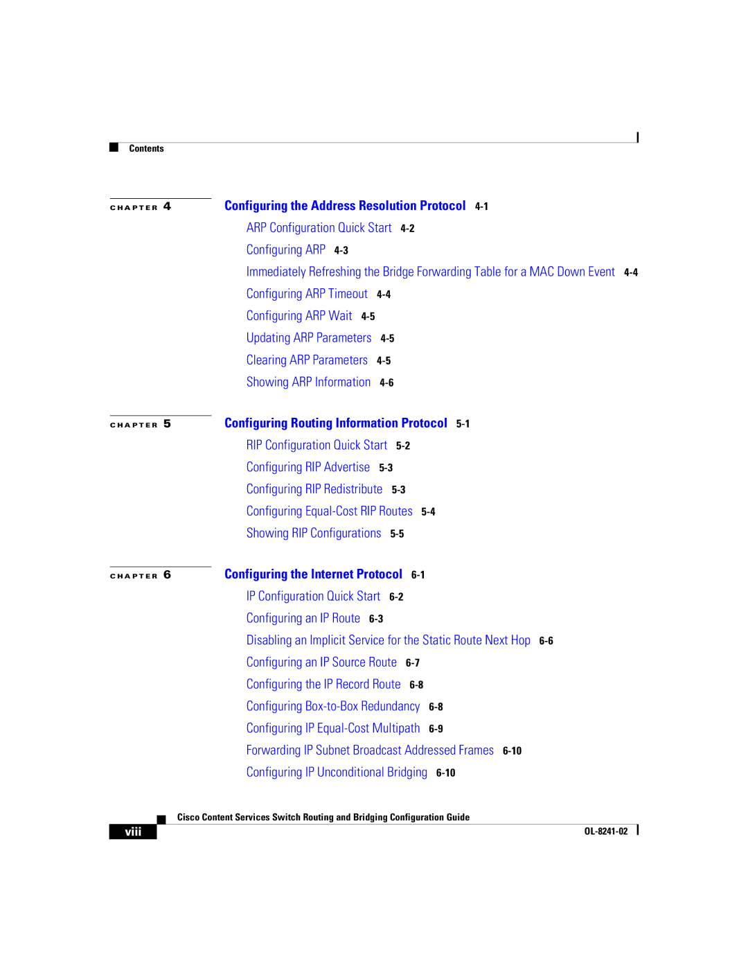 Cisco Systems OL-8241-02 manual Configuring the Address Resolution Protocol, Viii 