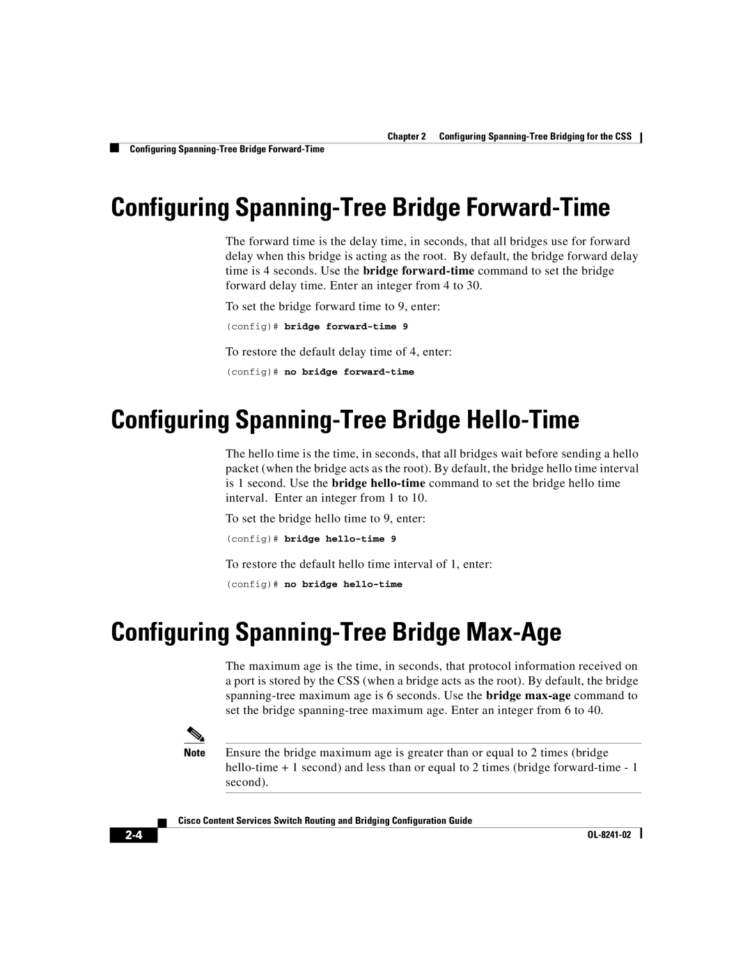 Cisco Systems OL-8241-02 manual Configuring Spanning-Tree Bridge Hello-Time, Configuring Spanning-Tree Bridge Max-Age 