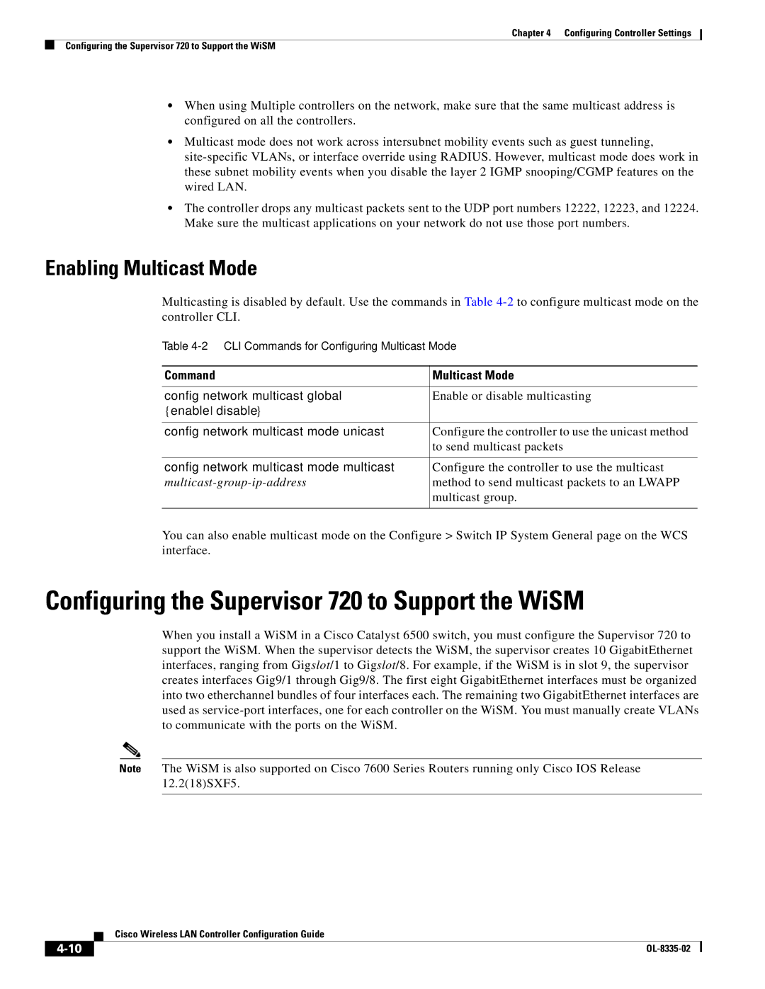 Cisco Systems OL-8335-02 manual Configuring the Supervisor 720 to Support the WiSM, Enabling Multicast Mode 