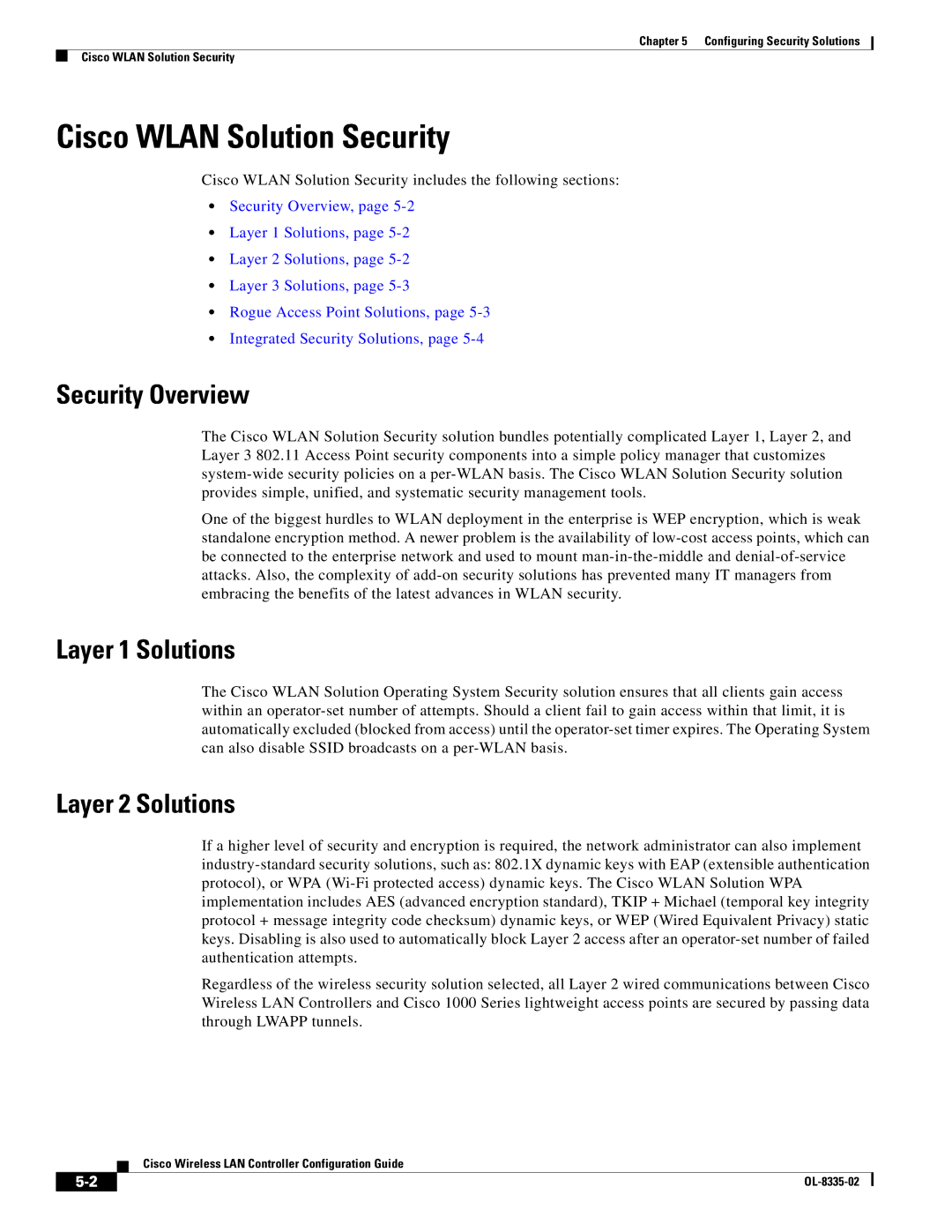 Cisco Systems OL-8335-02 manual Cisco Wlan Solution Security, Security Overview, Layer 1 Solutions, Layer 2 Solutions 