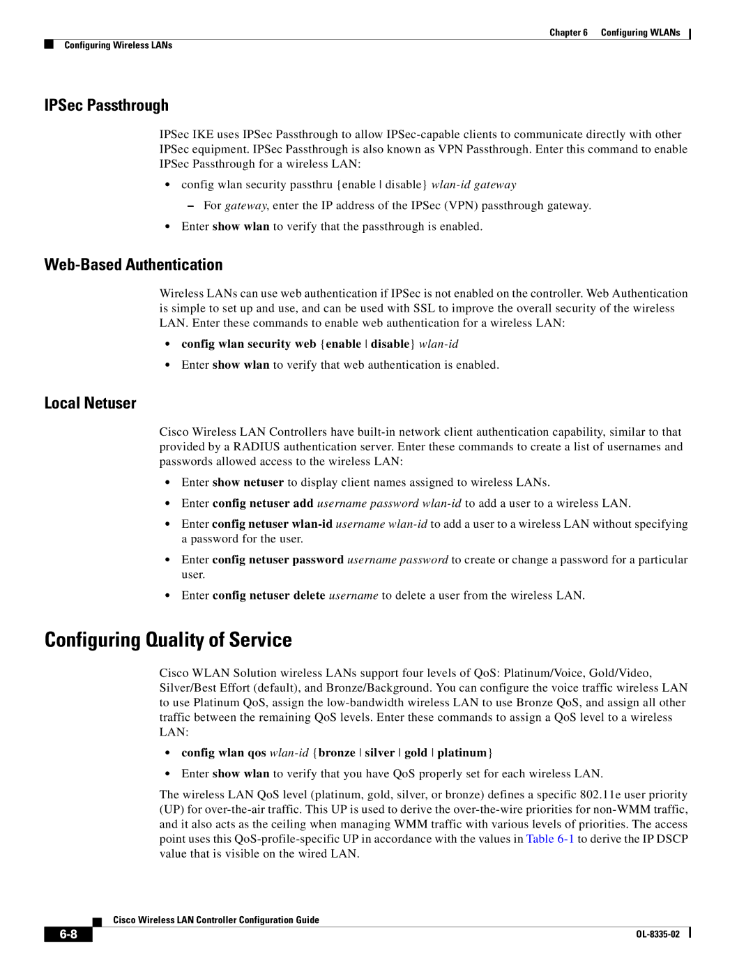 Cisco Systems OL-8335-02 manual Configuring Quality of Service, IPSec Passthrough, Web-Based Authentication, Local Netuser 