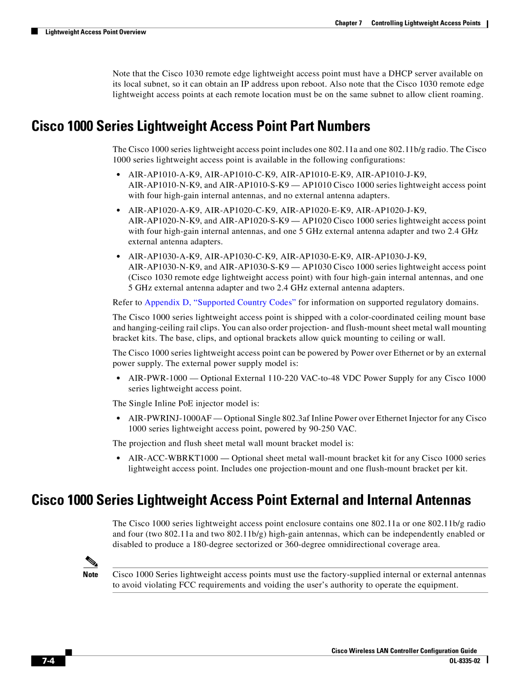 Cisco Systems OL-8335-02 manual Cisco 1000 Series Lightweight Access Point Part Numbers 