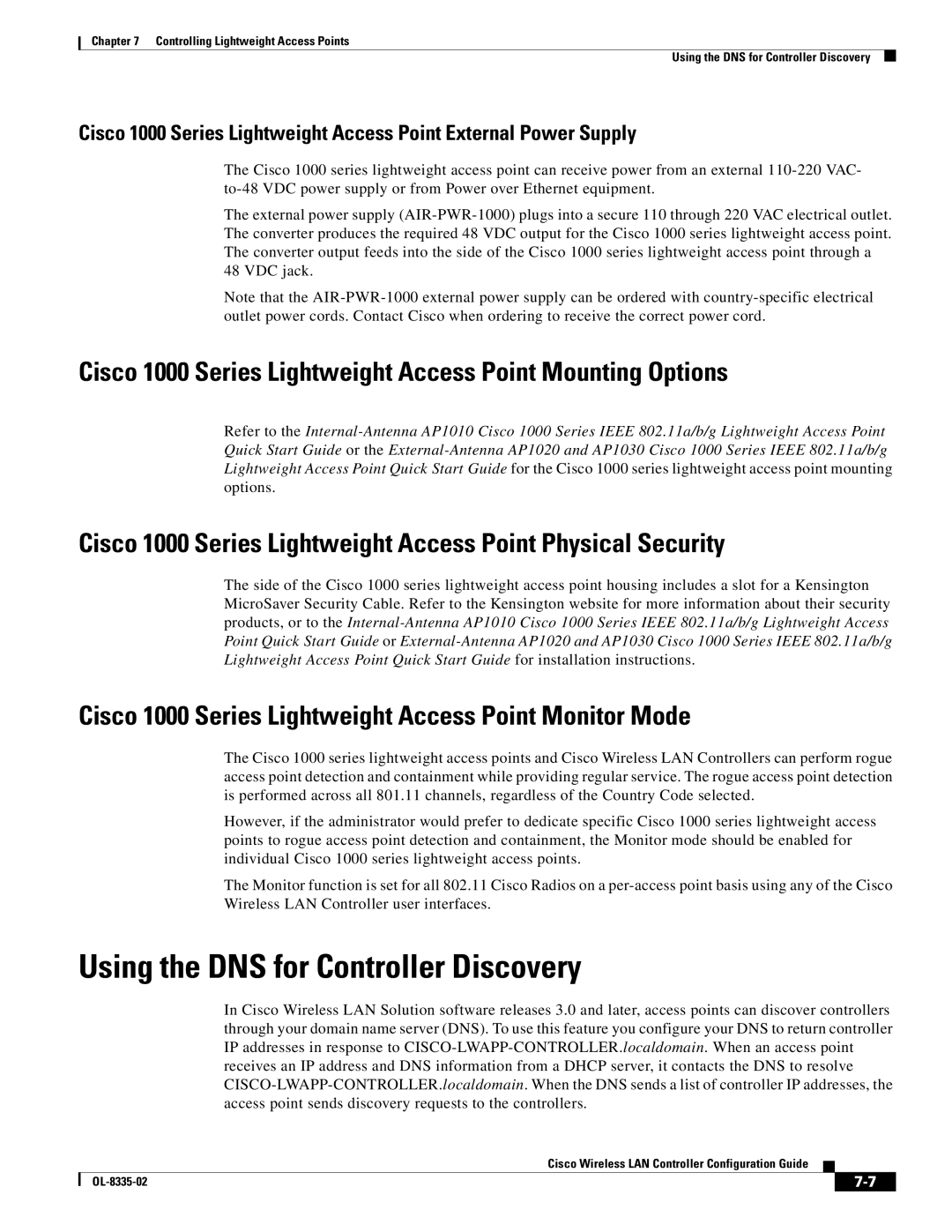 Cisco Systems OL-8335-02 Using the DNS for Controller Discovery, Cisco 1000 Series Lightweight Access Point Monitor Mode 