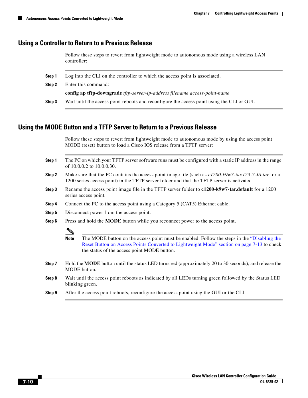 Cisco Systems OL-8335-02 manual Using a Controller to Return to a Previous Release 