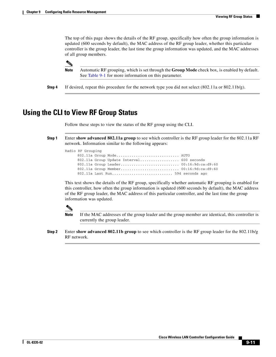 Cisco Systems OL-8335-02 manual Using the CLI to View RF Group Status, Auto 