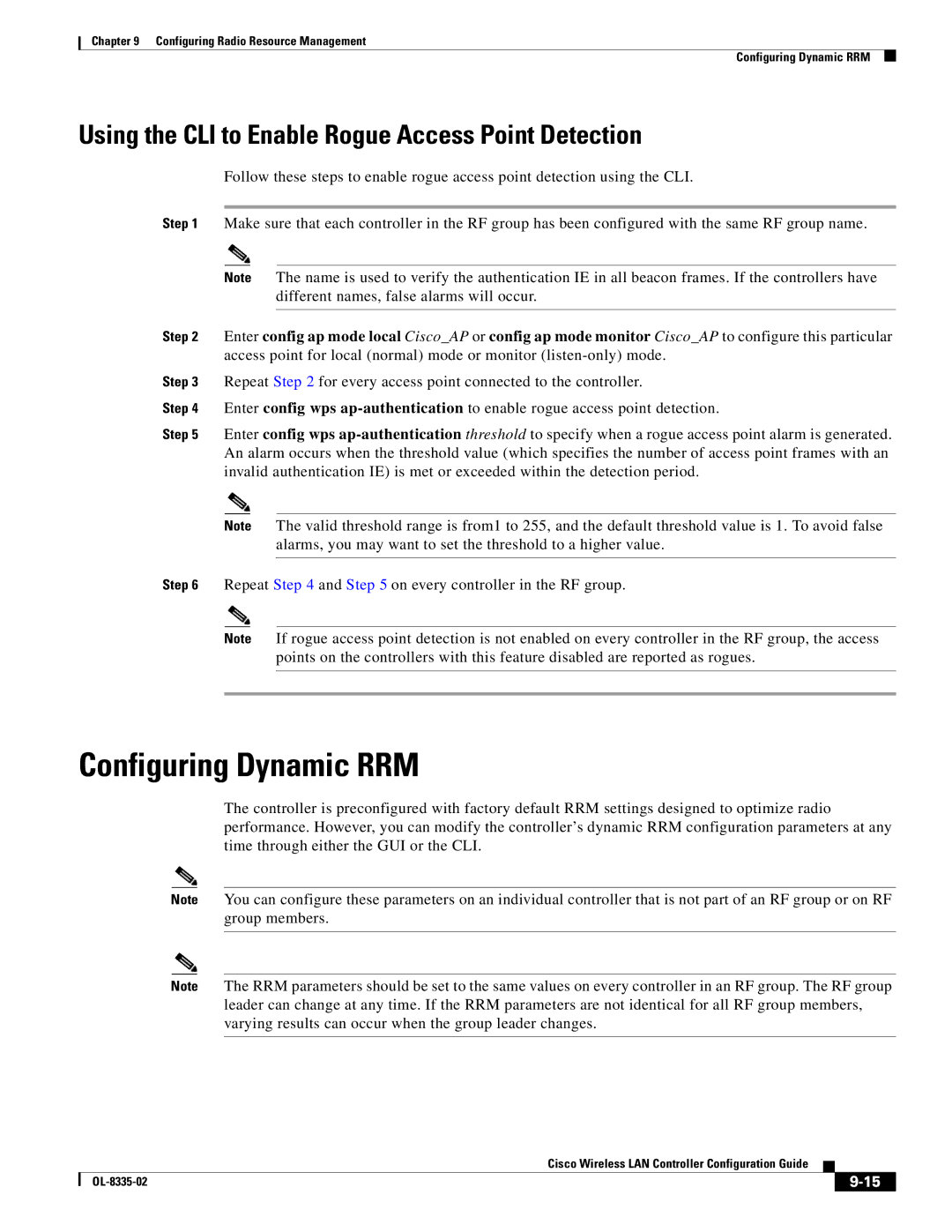 Cisco Systems OL-8335-02 manual Configuring Dynamic RRM, Using the CLI to Enable Rogue Access Point Detection 