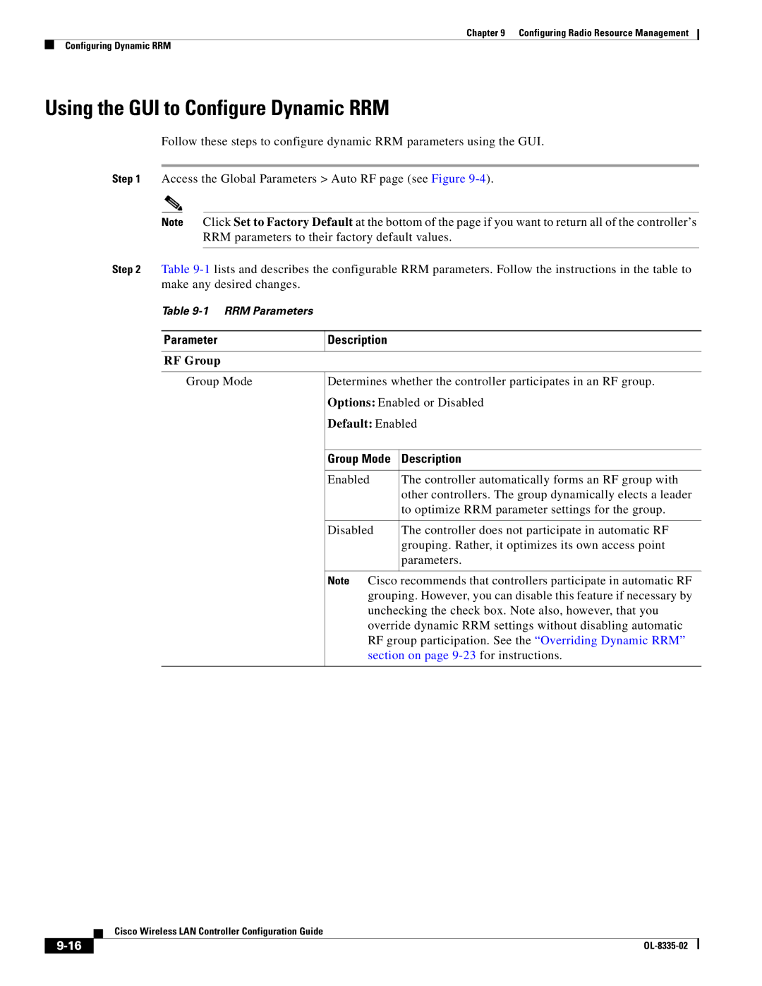 Cisco Systems OL-8335-02 manual Using the GUI to Configure Dynamic RRM, RF Group, Default Enabled 