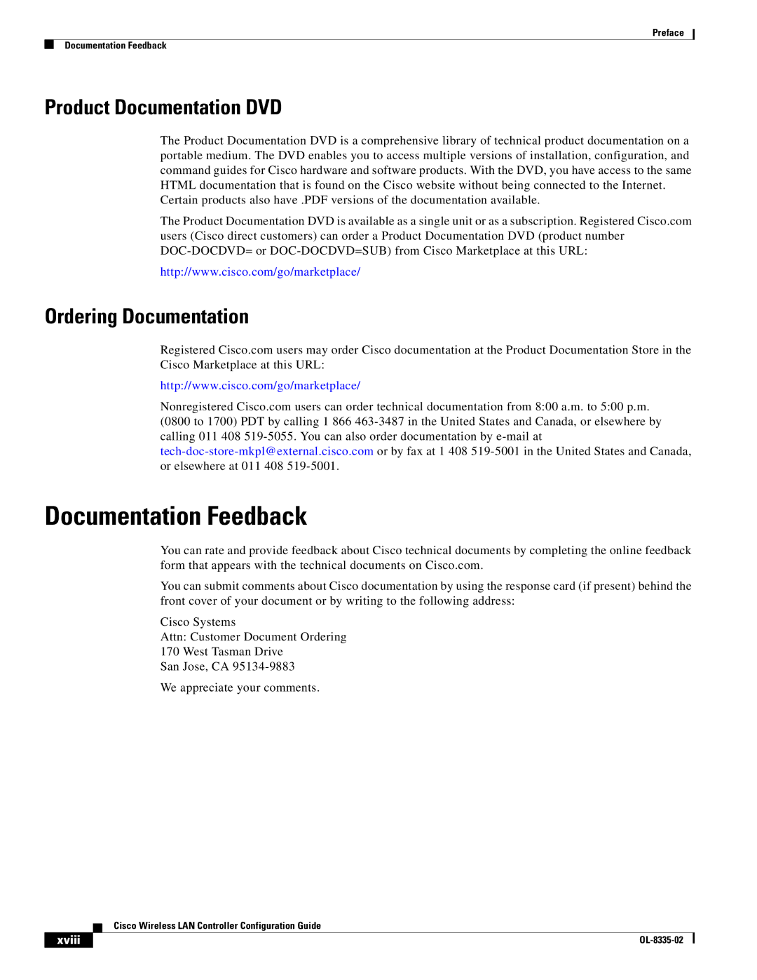 Cisco Systems OL-8335-02 manual Documentation Feedback, Product Documentation DVD, Ordering Documentation, Xviii 