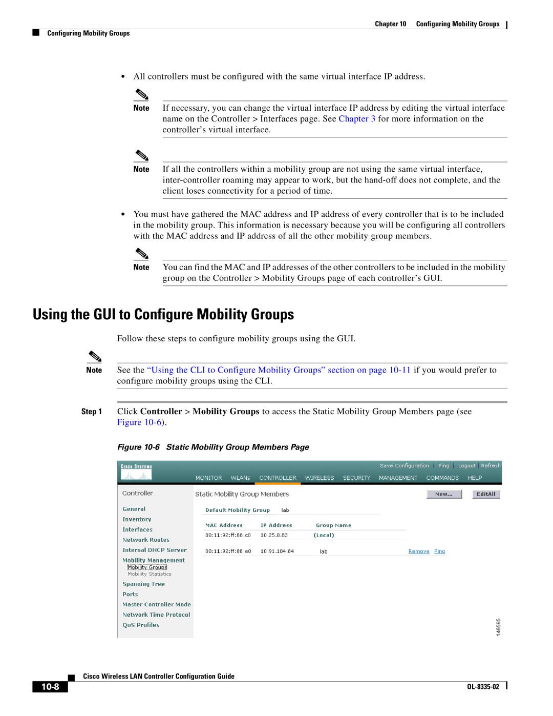 Cisco Systems OL-8335-02 manual Using the GUI to Configure Mobility Groups, 10-8 