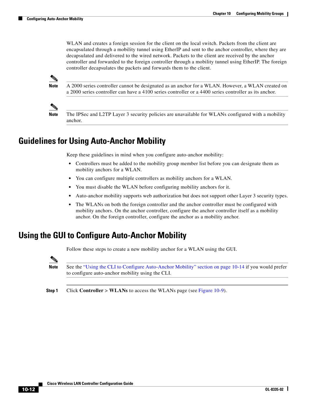 Cisco Systems OL-8335-02 Guidelines for Using Auto-Anchor Mobility, Using the GUI to Configure Auto-Anchor Mobility, 10-12 