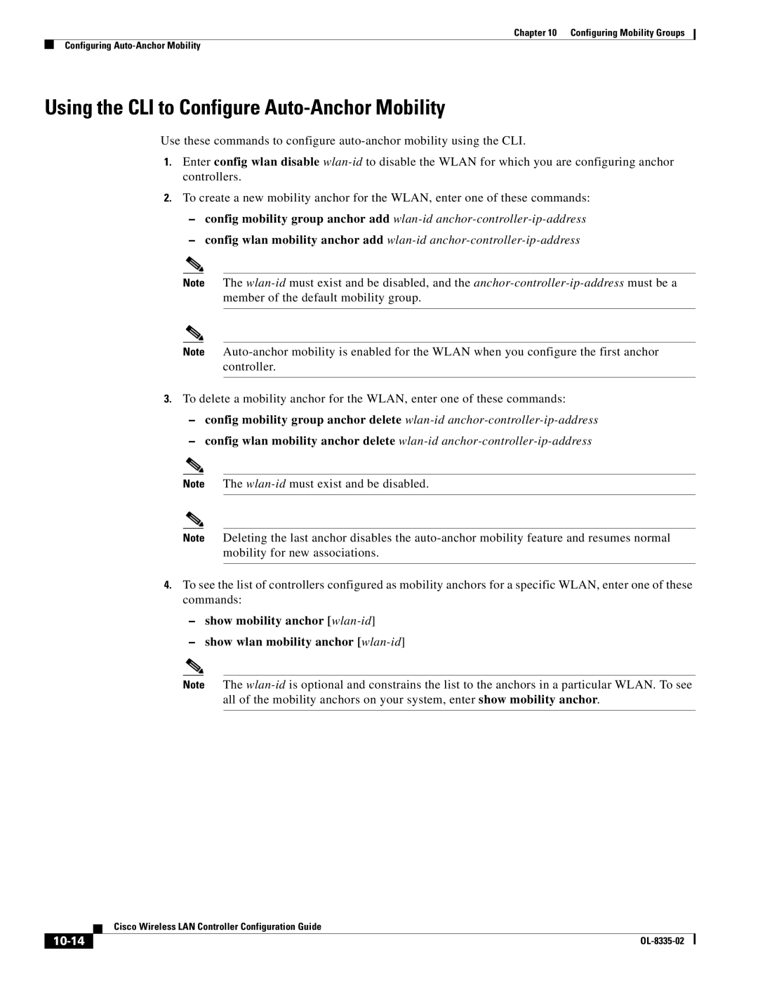 Cisco Systems OL-8335-02 manual Using the CLI to Configure Auto-Anchor Mobility, 10-14 