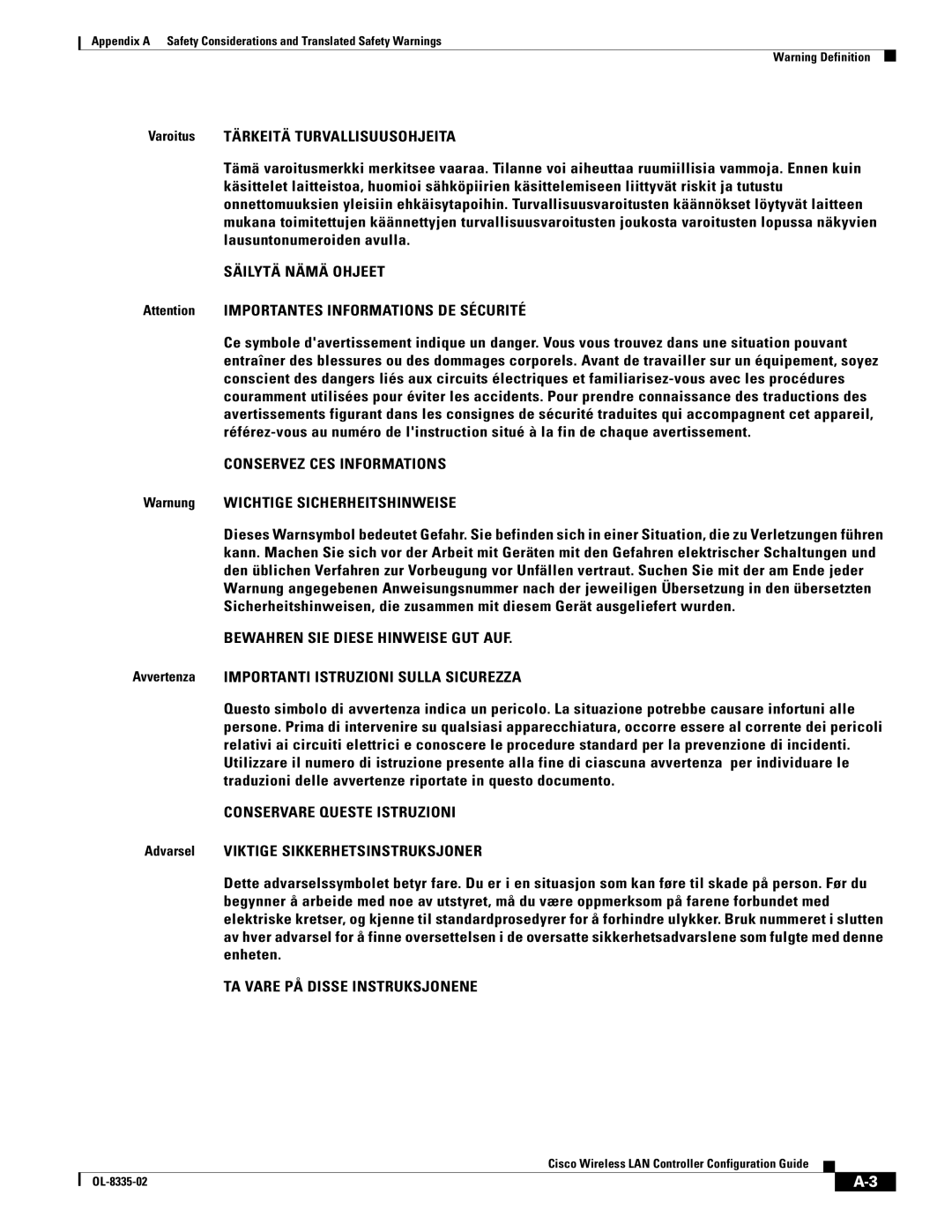 Cisco Systems OL-8335-02 manual Warnung Wichtige Sicherheitshinweise, Avvertenza Importanti Istruzioni Sulla Sicurezza 