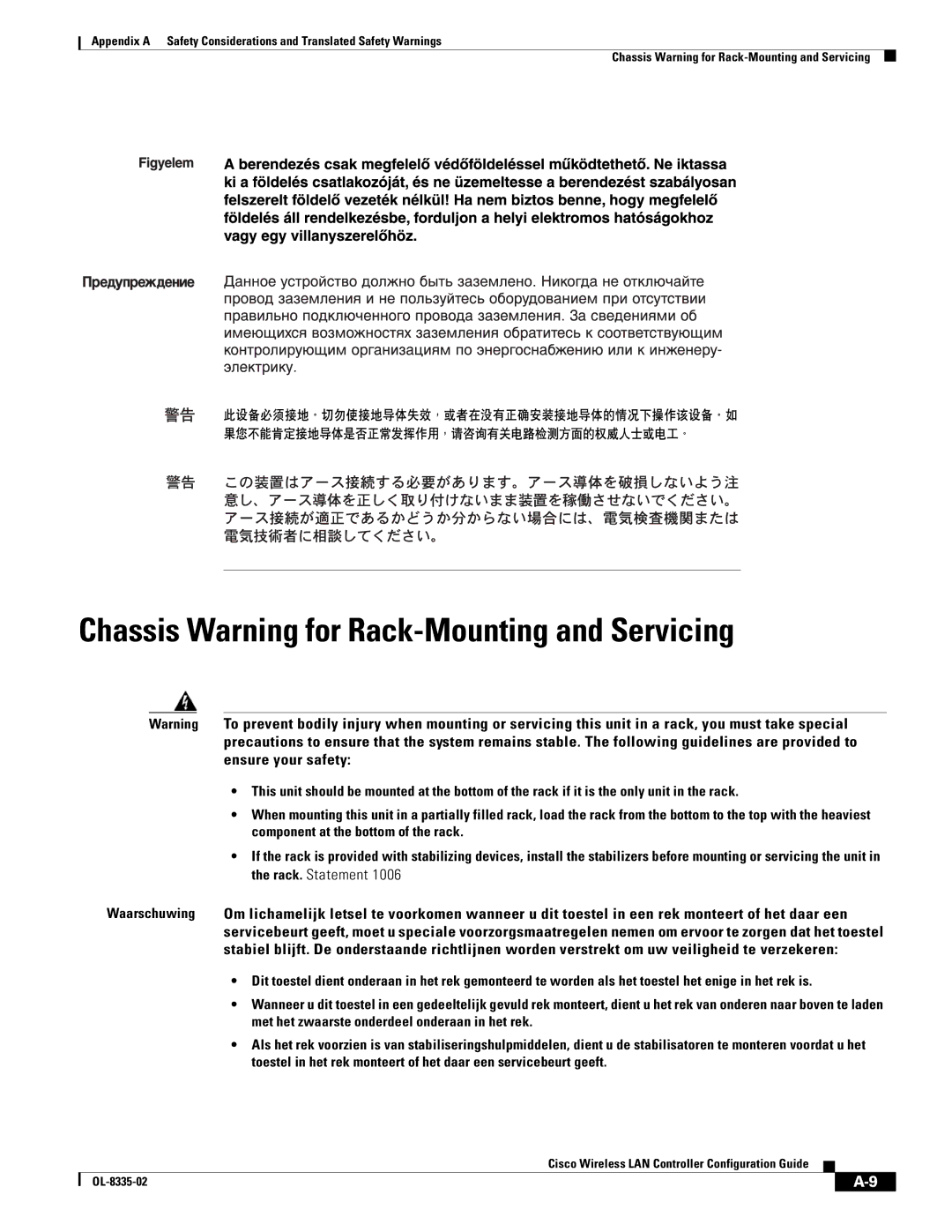 Cisco Systems OL-8335-02 manual Chassis Warning for Rack-Mounting and Servicing 