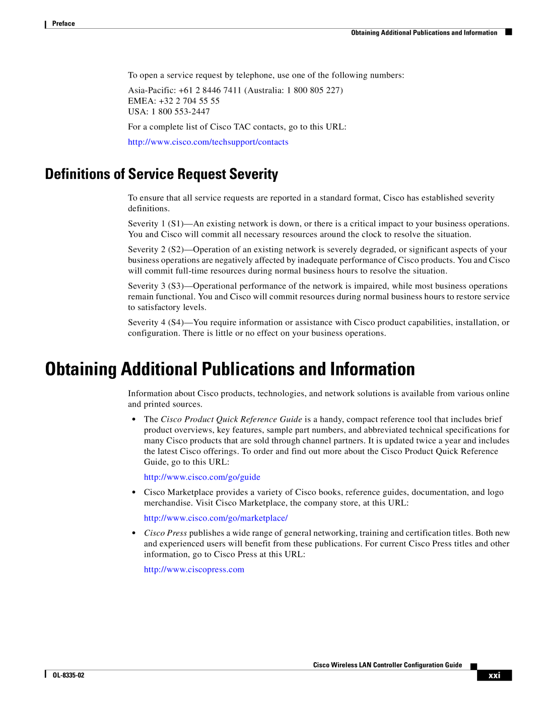 Cisco Systems OL-8335-02 Obtaining Additional Publications and Information, Definitions of Service Request Severity, Xxi 