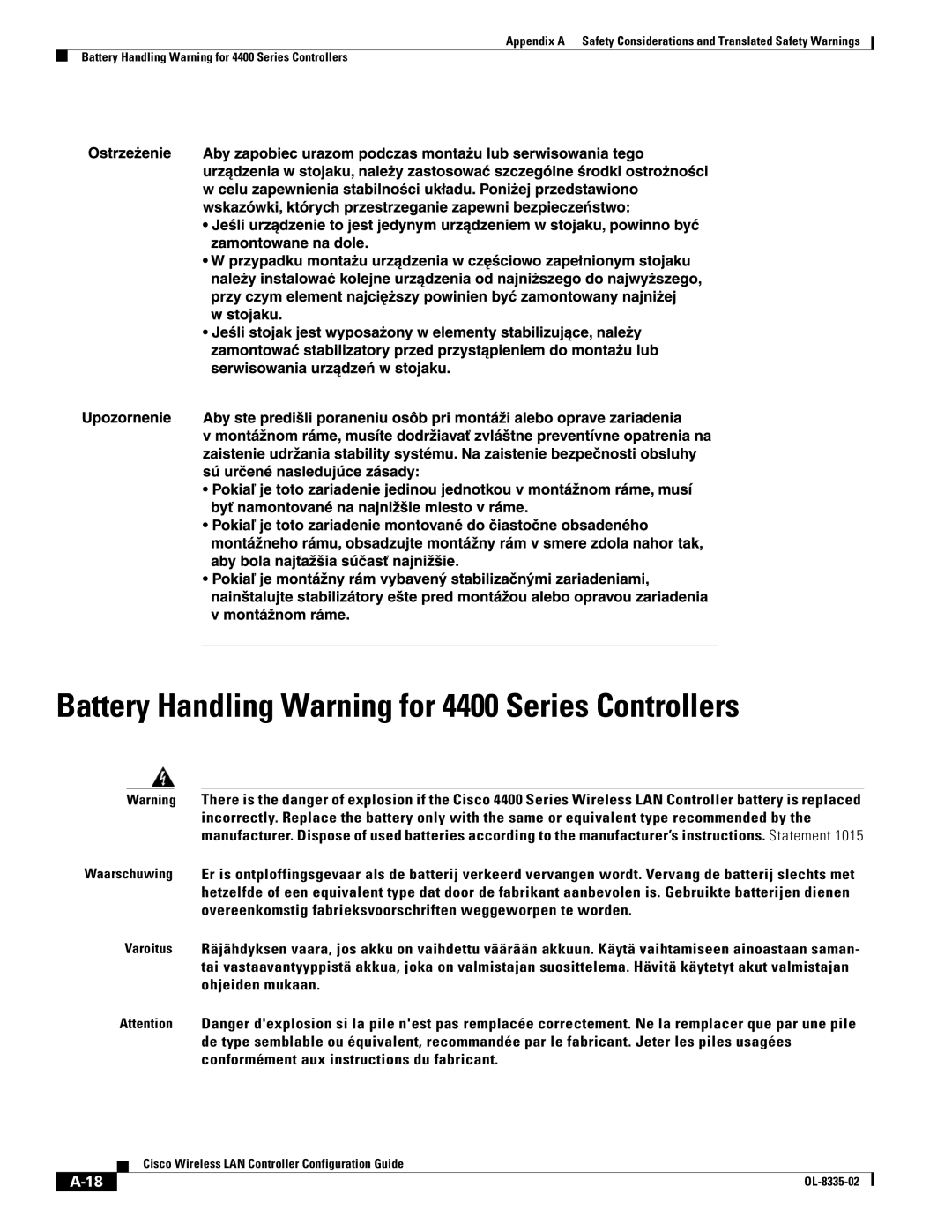 Cisco Systems OL-8335-02 manual Battery Handling Warning for 4400 Series Controllers 