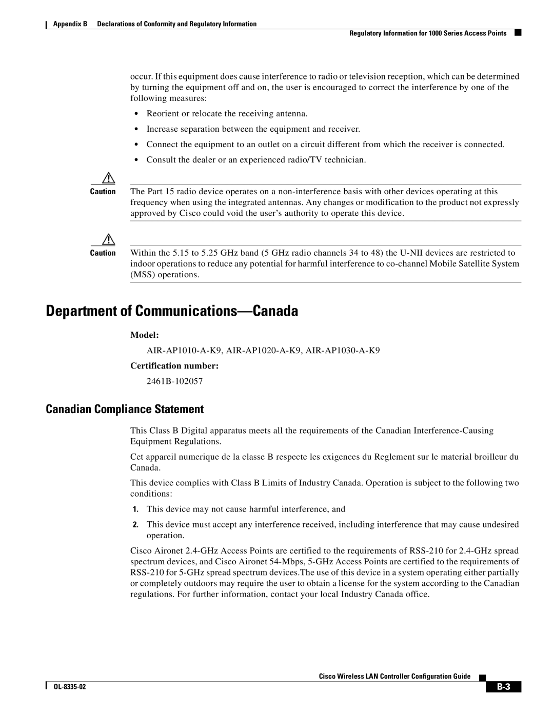 Cisco Systems OL-8335-02 manual Department of Communications-Canada, Canadian Compliance Statement, Certification number 