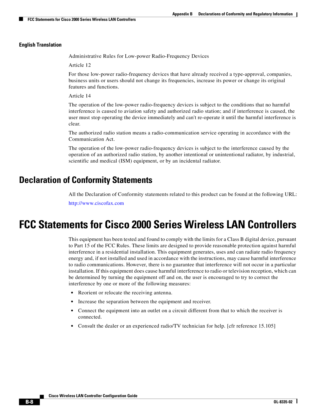 Cisco Systems OL-8335-02 manual Declaration of Conformity Statements 