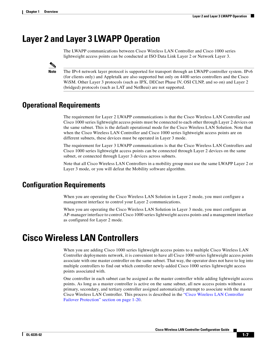 Cisco Systems OL-8335-02 Layer 2 and Layer 3 Lwapp Operation, Cisco Wireless LAN Controllers, Operational Requirements 