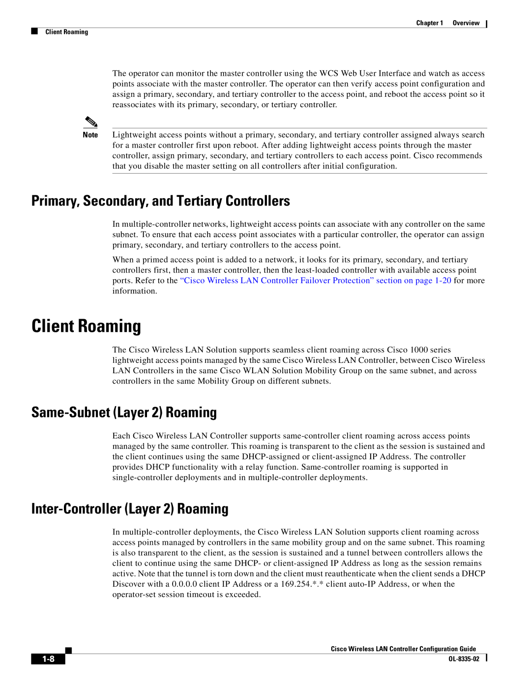 Cisco Systems OL-8335-02 manual Client Roaming, Primary, Secondary, and Tertiary Controllers, Same-Subnet Layer 2 Roaming 