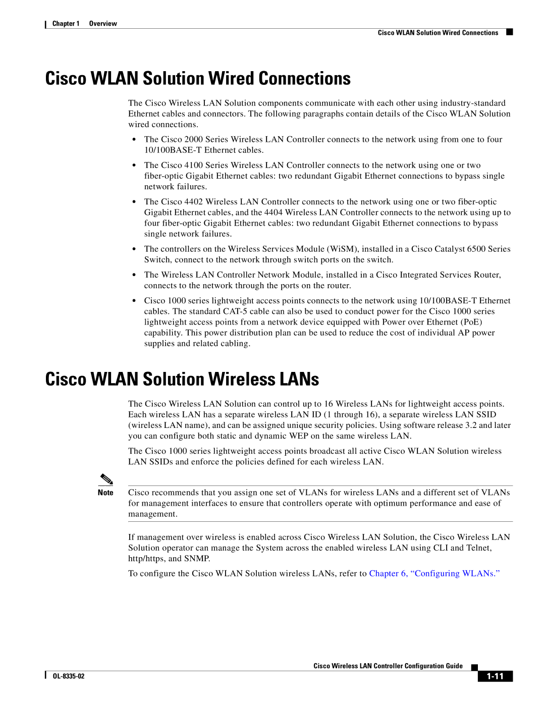 Cisco Systems OL-8335-02 manual Cisco Wlan Solution Wired Connections, Cisco Wlan Solution Wireless LANs 