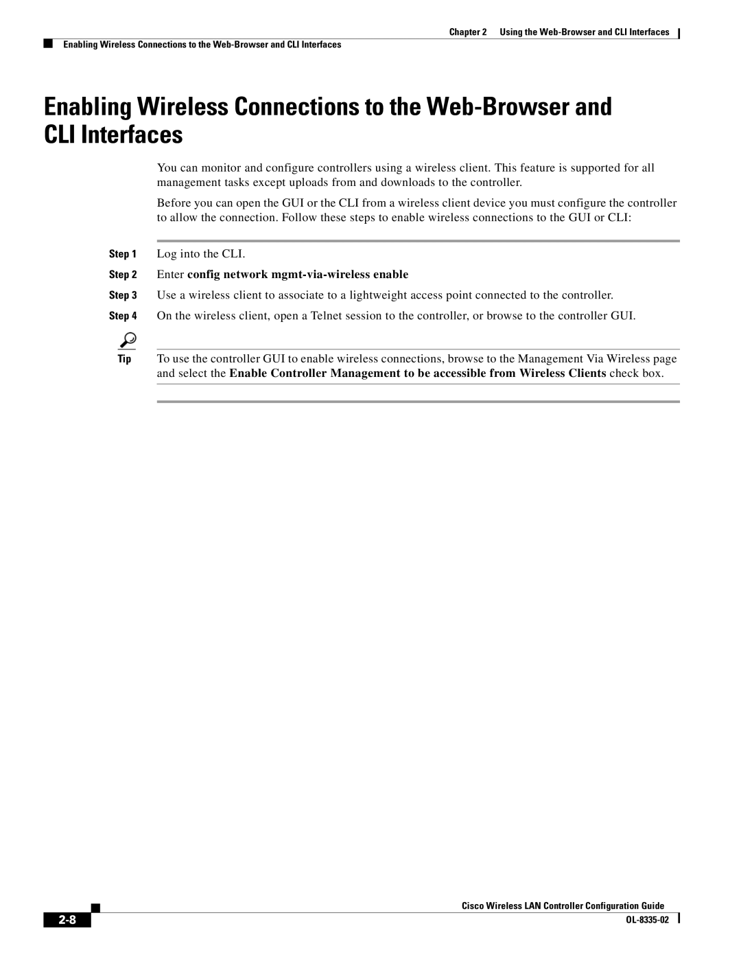 Cisco Systems OL-8335-02 manual Enter config network mgmt-via-wireless enable 