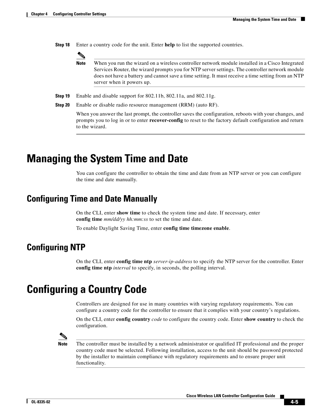 Cisco Systems OL-8335-02 Managing the System Time and Date, Configuring a Country Code, Configuring Time and Date Manually 