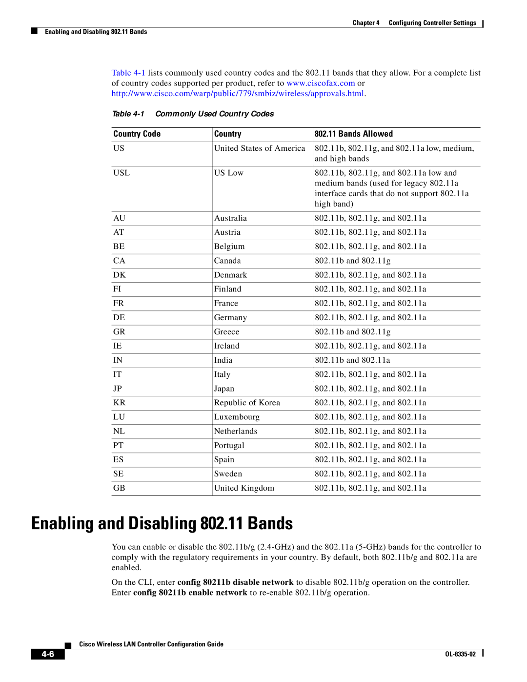 Cisco Systems OL-8335-02 manual Enabling and Disabling 802.11 Bands, Country Code Bands Allowed 