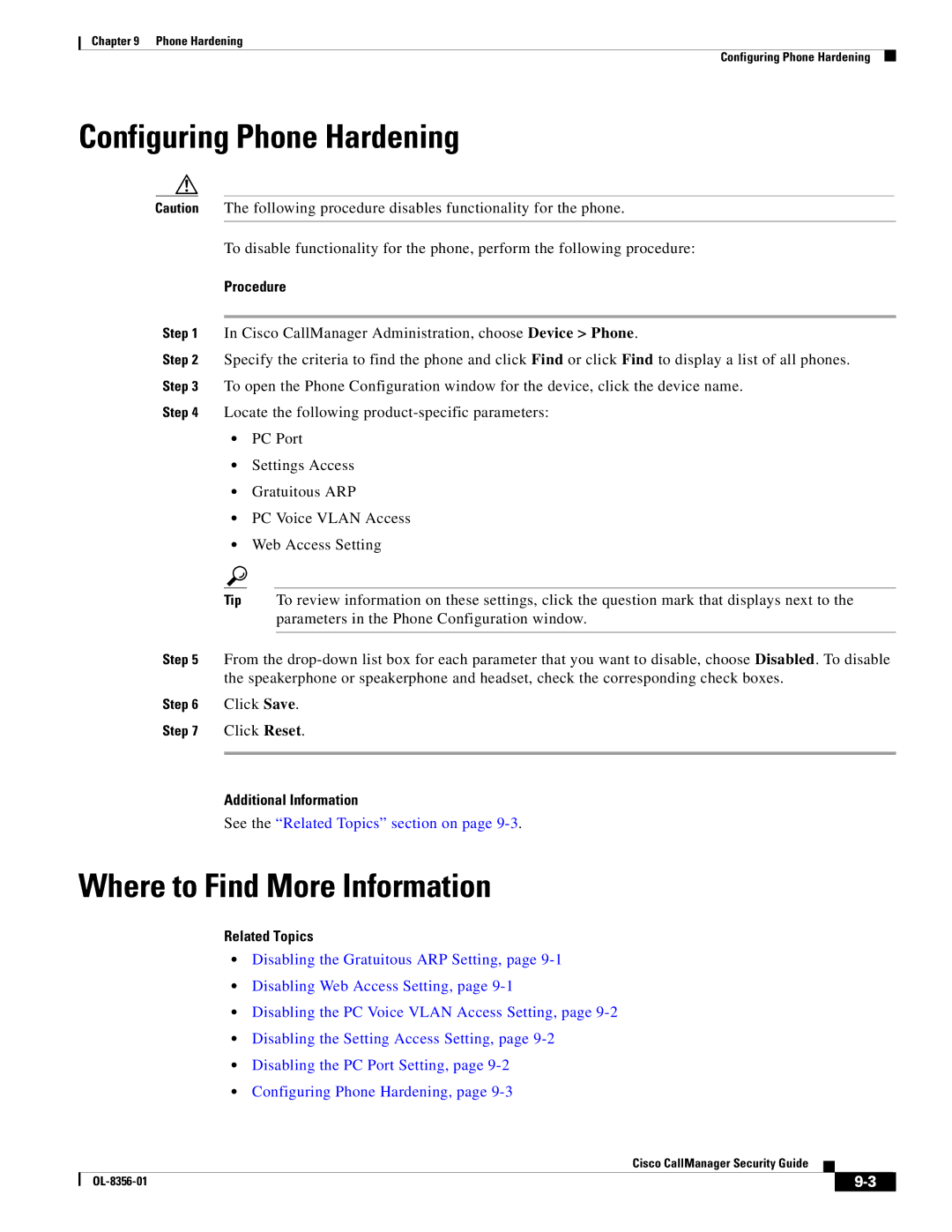 Cisco Systems OL-8356-01 Configuring Phone Hardening, Where to Find More Information, Procedure, Additional Information 