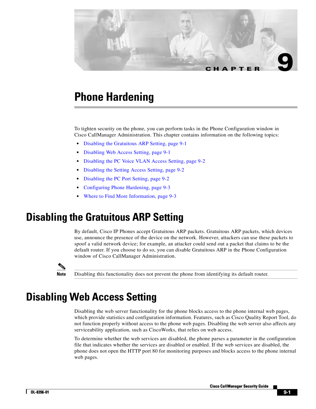 Cisco Systems OL-8356-01 manual Disabling the Gratuitous ARP Setting, Disabling Web Access Setting, Phone Hardening 