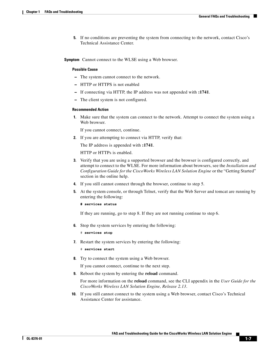 Cisco Systems OL-8376-01 manual Restart the system services by entering the following 