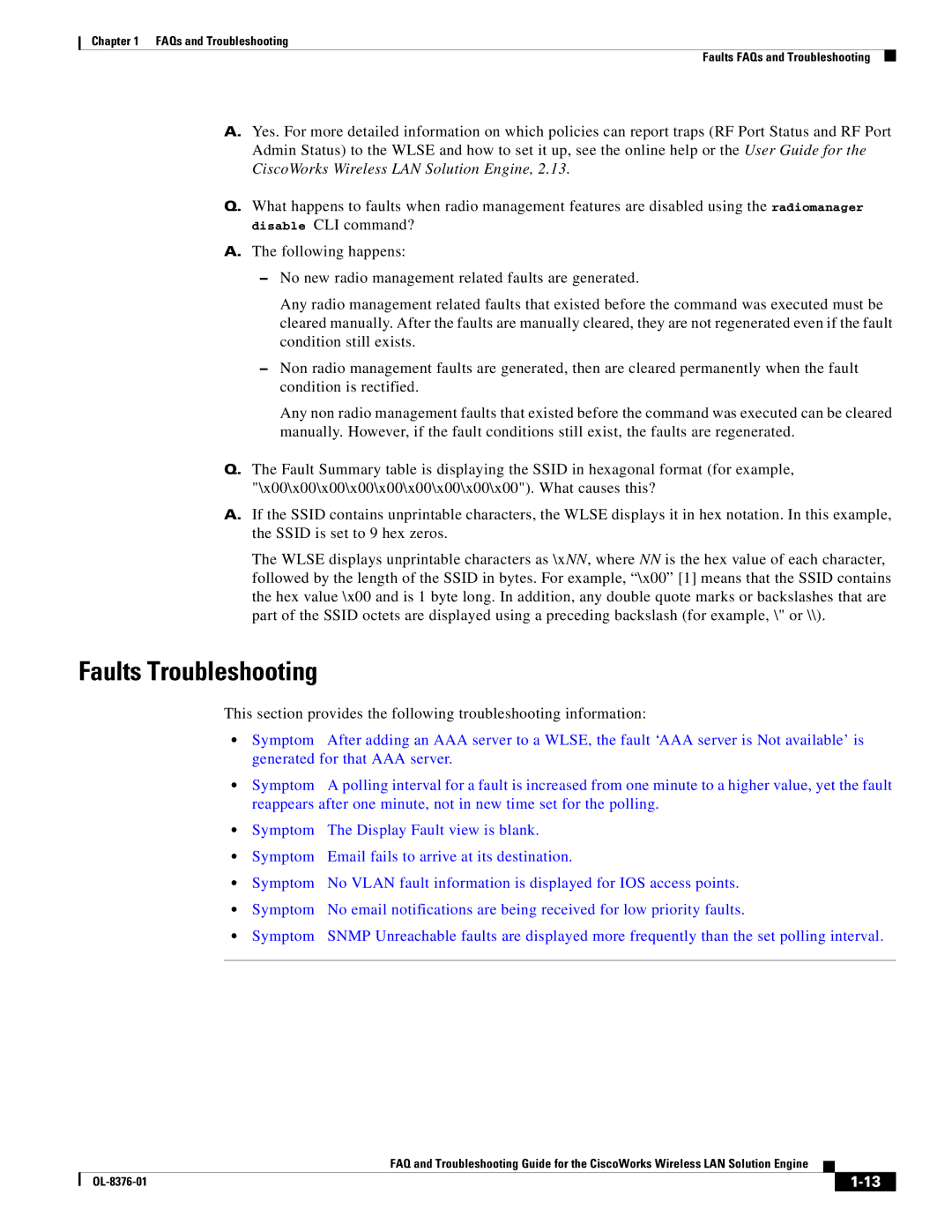 Cisco Systems OL-8376-01 manual Faults Troubleshooting 