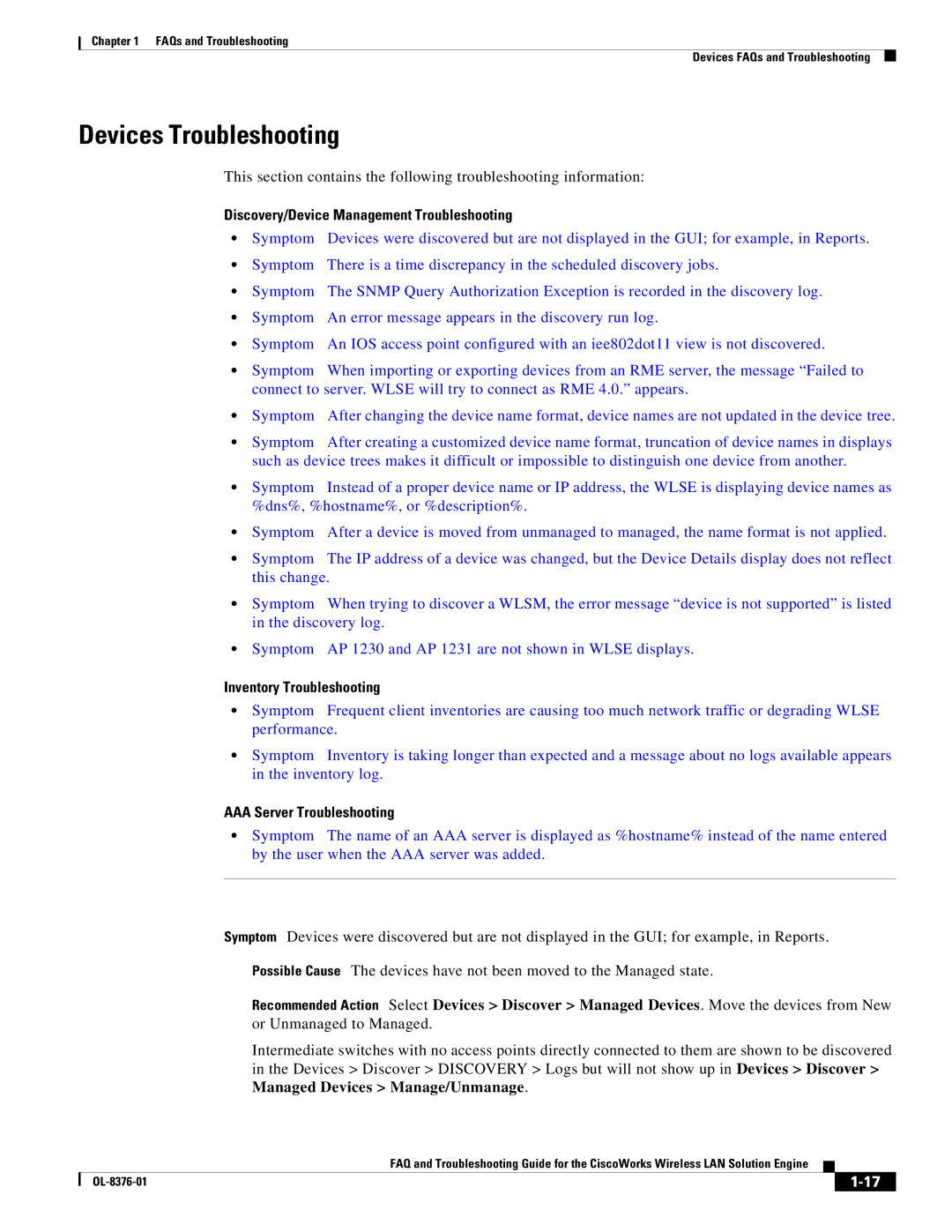 Cisco Systems OL-8376-01 manual Devices Troubleshooting, Discovery/Device Management Troubleshooting 