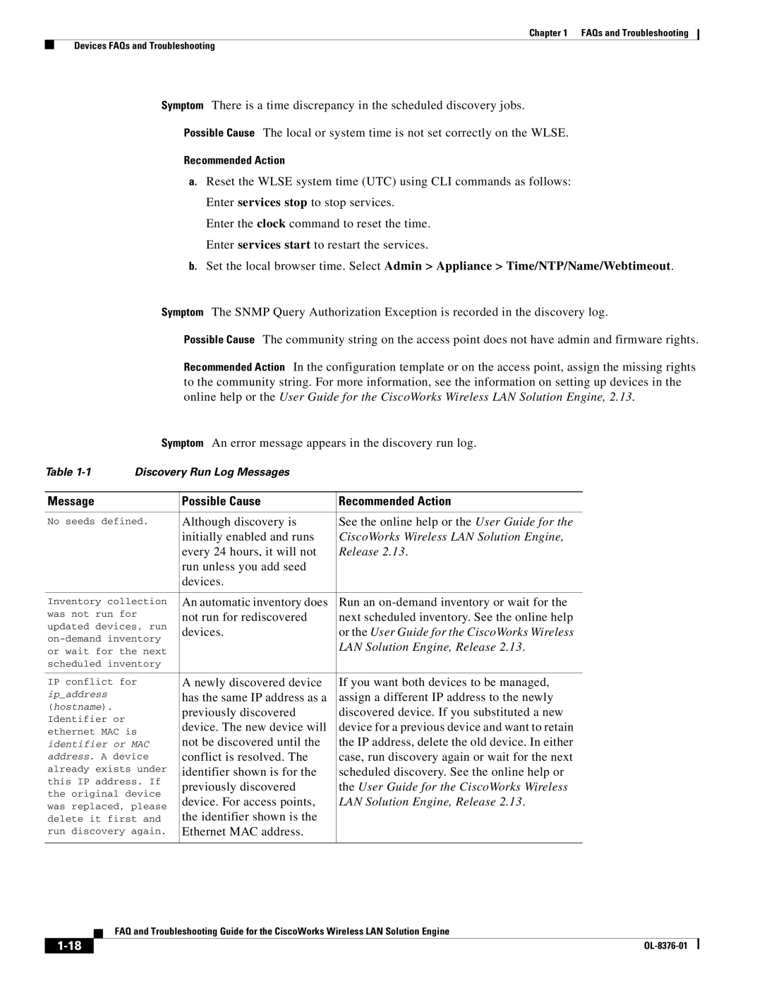 Cisco Systems OL-8376-01 manual Message Possible Cause Recommended Action 