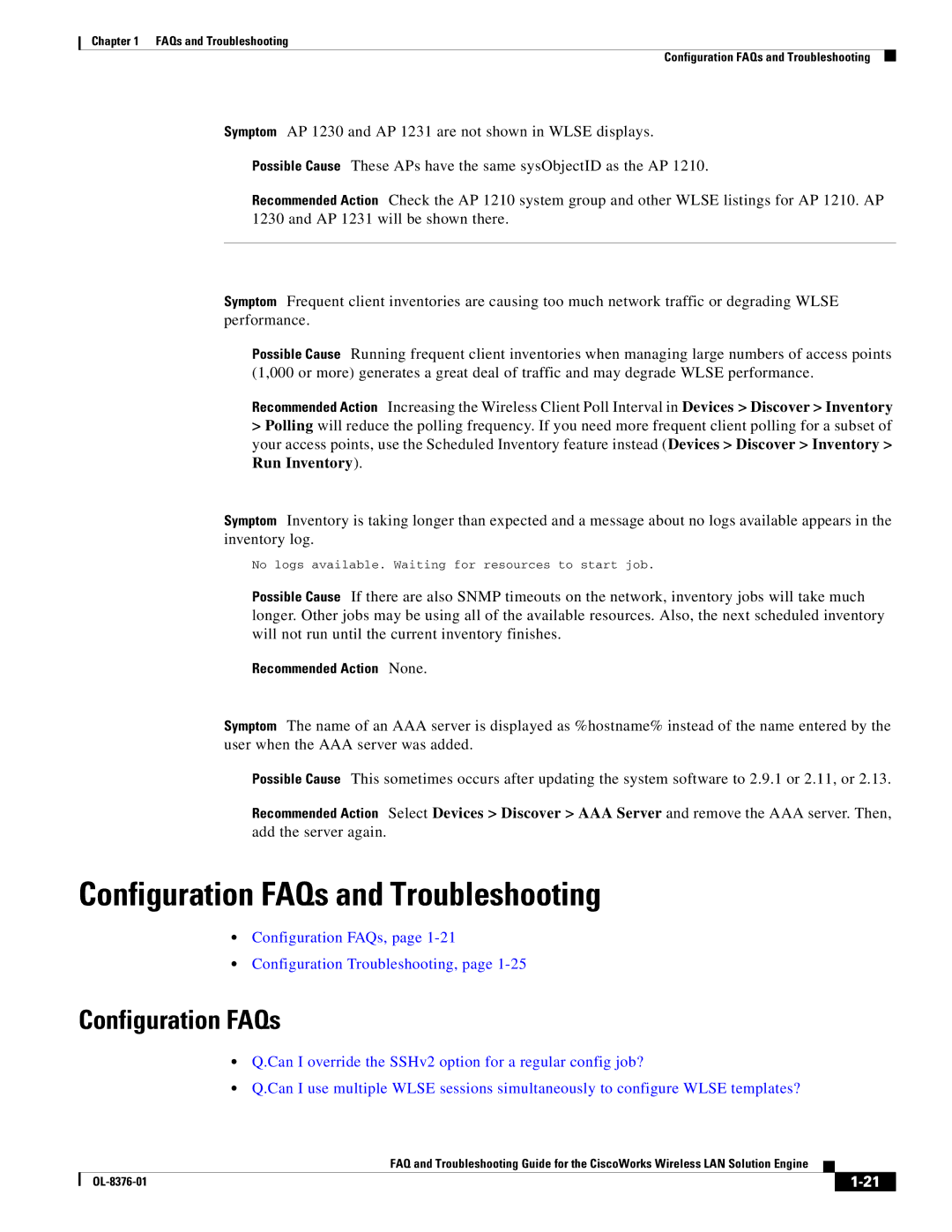 Cisco Systems OL-8376-01 manual Configuration FAQs and Troubleshooting 