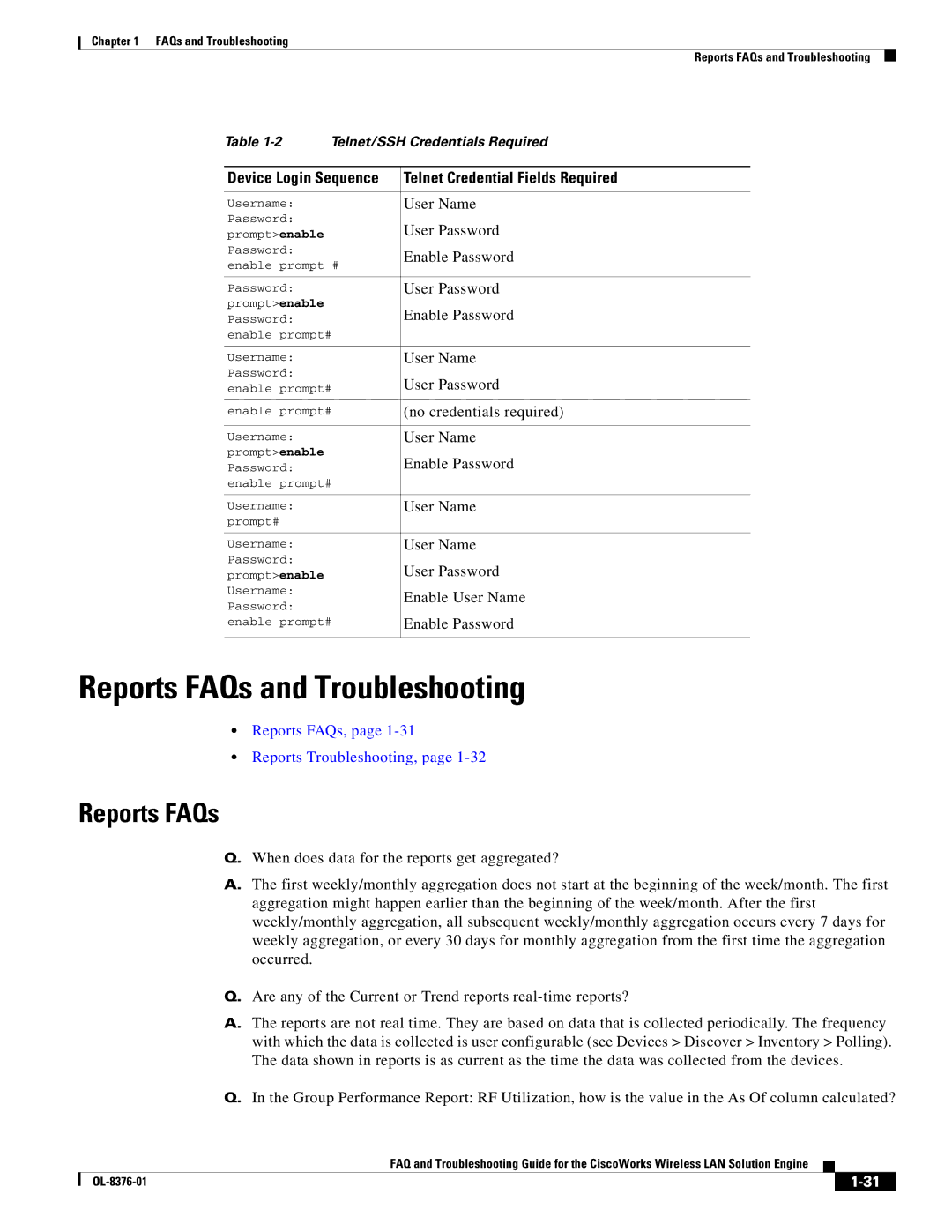 Cisco Systems OL-8376-01 manual Reports FAQs and Troubleshooting, Telnet Credential Fields Required 