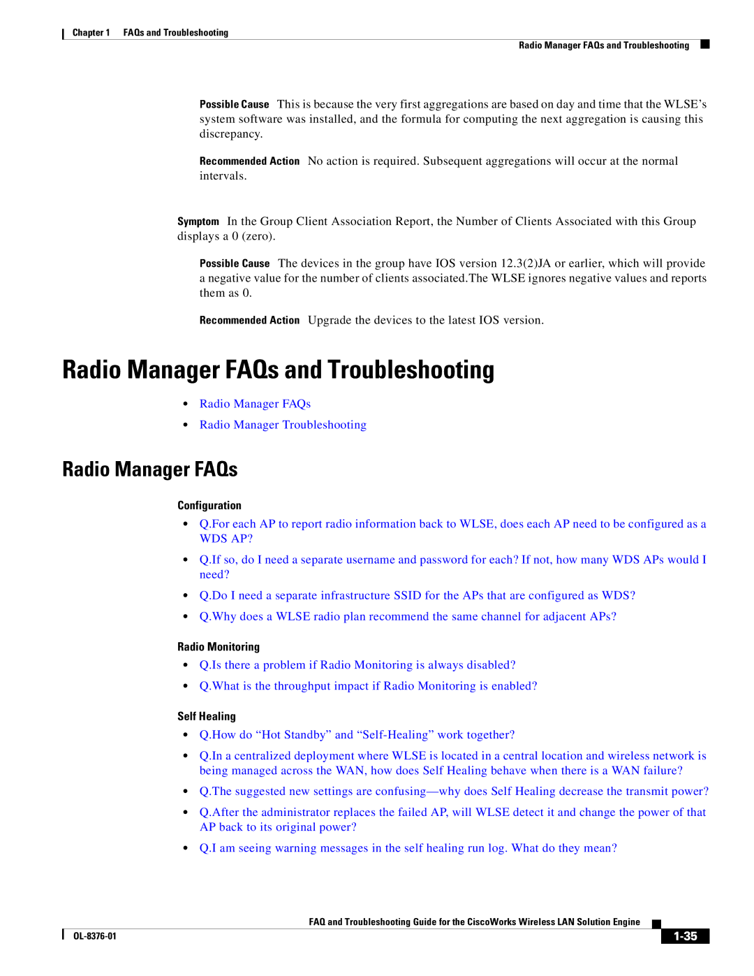 Cisco Systems OL-8376-01 manual Radio Manager FAQs and Troubleshooting, Configuration, Radio Monitoring, Self Healing 