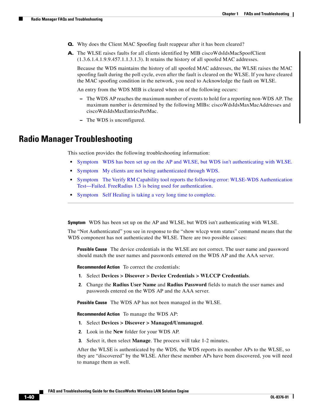 Cisco Systems OL-8376-01 manual Radio Manager Troubleshooting, Select Devices Discover Managed/Unmanaged 