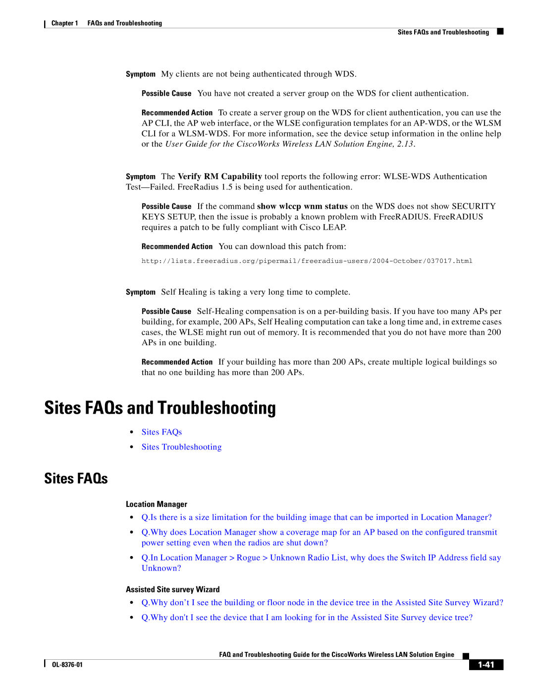 Cisco Systems OL-8376-01 manual Sites FAQs and Troubleshooting, Location Manager, Assisted Site survey Wizard 