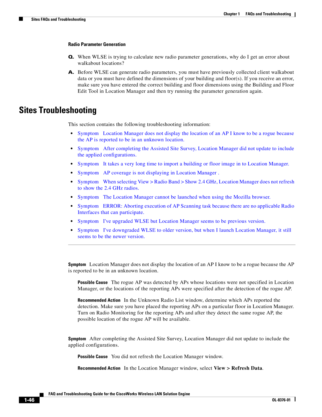 Cisco Systems OL-8376-01 manual Sites Troubleshooting, Radio Parameter Generation 